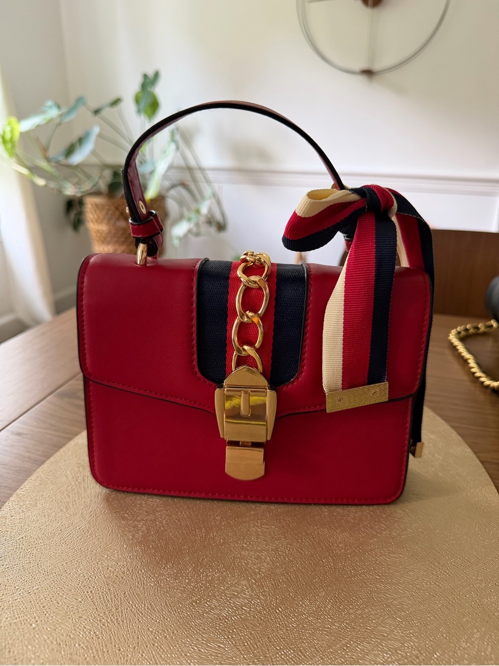 Red Top-Handle Chain Accent Women's Bag